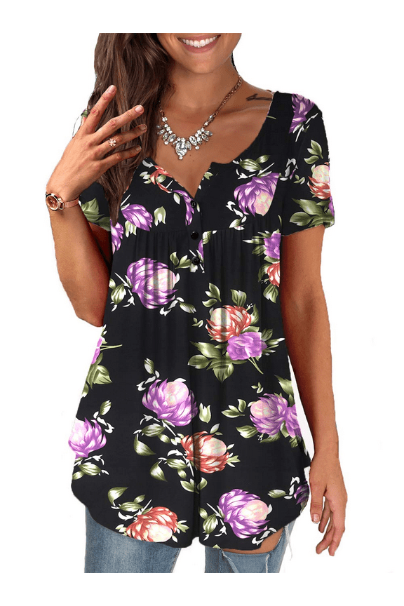 Womens Tops Plus Size Summer Short Sleeve Button V-Neck Henley Shirt Ladies Blouse (M-4xl)