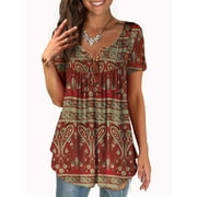 VERABENDI Womens Tops Plus Size Summer Short Sleeve Button V-Neck Henley Shirt Ladies Blouse (M-4xl)