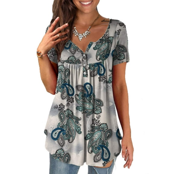 VERABENDI Womens Tops Plus Size Summer Short Sleeve Button V-Neck Henley Shirt Ladies Blouse (M-4xl)