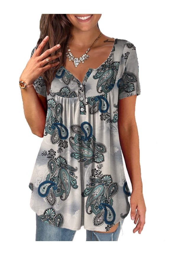 Womens Tops Plus Size Summer Short Sleeve Button V-Neck Henley Shirt Ladies Blouse (M-4xl)