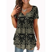 VERABENDI Womens Tops Plus Size Summer Short Sleeve Button V-Neck Henley Shirt Ladies Blouse (M-4xl)