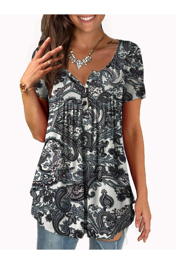 Womens Tops Plus Size Summer Short Sleeve Button V-Neck Henley Shirt Ladies Blouse (M-4xl)