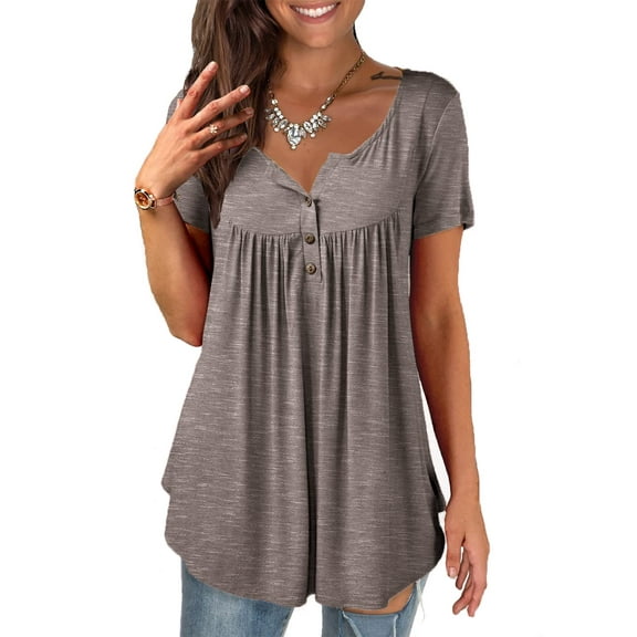 VERABENDI Womens Tops Plus Size Summer Short Sleeve Button V-Neck Henley Shirt Ladies Blouse (M-4xl)