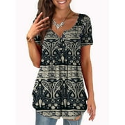 VERABENDI Womens Tops Plus Size Summer Short Sleeve Button V-Neck Henley Shirt Ladies Blouse (M-4xl)