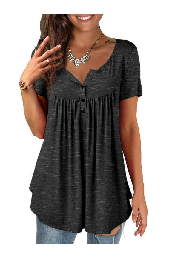 Womens Tops Plus Size Summer Short Sleeve Button V-Neck Henley Shirt Ladies Blouse (M-4xl)