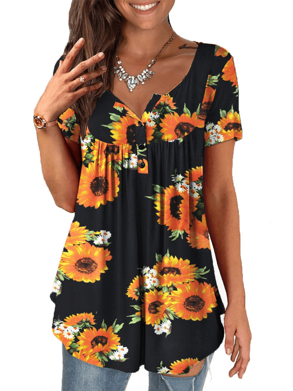 Womens Tops Plus Size Summer Short Sleeve Button V-Neck Henley Shirt Ladies Blouse (M-4xl)