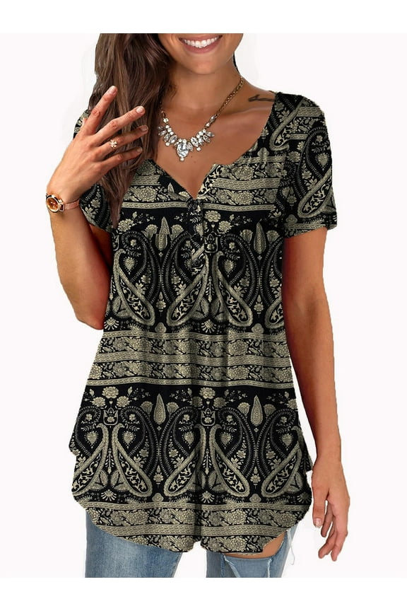 Womens Tops Plus Size Summer Short Sleeve Button V-Neck Henley Shirt Ladies Blouse (M-4xl)