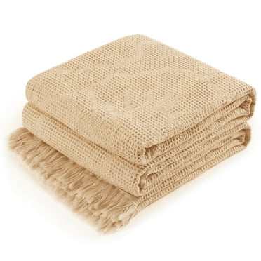 VERAMUSE 100% Cotton Blanket for Bed Beige 90"x90" Queen Size Breathable Thin Blankets for Summer