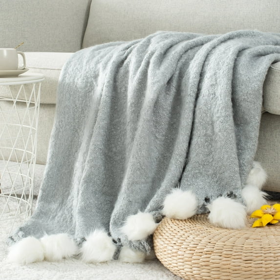 VERAMUSE Grey Pom Pom Throw Blanket for Couch 50"X60" Farmhouse Blankets for Bed and Sofa