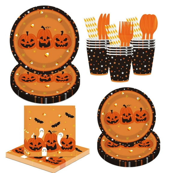 VERAQING Paper Plastic Tableware Set 8pc, This Disposable Printed Pumpkin Ghost Supply Contains Flat Plates And Solid Cutlery For Meals.