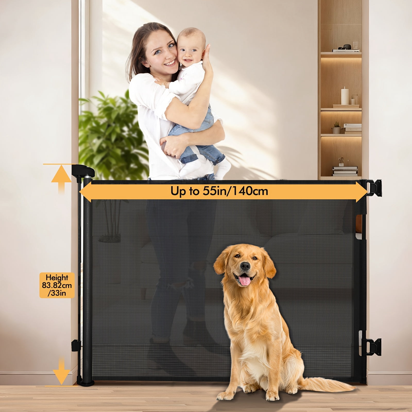 VERASTE Retractable Gate, Mesh Gate, 33"/41"Tall Safety Gate for Doorways, Stairs, Hallways, Indoor/Outdoor, (Black/White/Grey), As A Holiday Gift