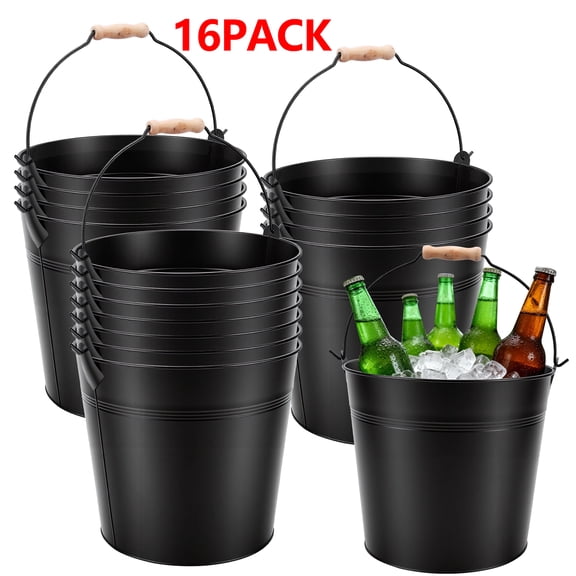 VERDALAY 16 Pcs Large Galvanized Metal Buckets with Handle 10 Inch Heavy Duty Stainless Steel Pails Round Pail for Party Wedding, Crafts, Utensils, Table Centerpieces (Black)