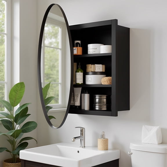 VERDALAY 1PACK Home Bathroom Medicine Cabinet with Mirror, Round Bathroom Wall Cabinet with 3 Shelves, 20.5*20.5 Inch Circular Storage Cabinet with Vanity Mirror