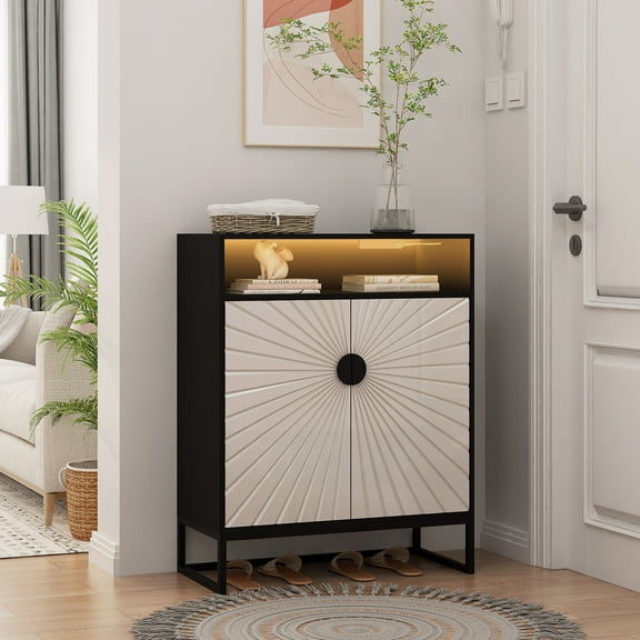 VERDALAY 5-Tier Wooden Storage Cabinet with Doors and Open Shelves, Buffet Cabinet with Storage Modern Shoe Organizer with Motion Sensing Lamp for Entryway, Hallway, Living Room