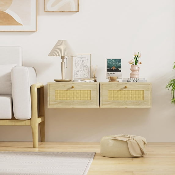 VERDALAY Bedside Tables with Light Wood Bedside Desk Floating Bedside Table with One Drawer Smooth Gliding 1-Layer Single Drawer Wall Bedside Cabinet for Bedroom Living Room Tight Space