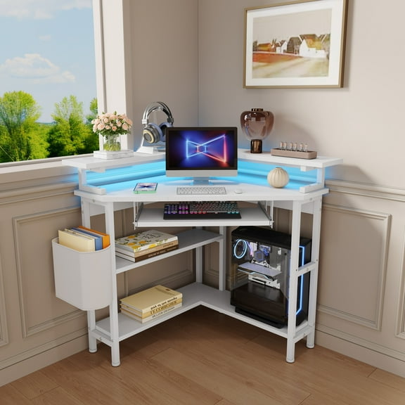 VERDALAY Corner Desk with 2AC/2USB for Small Space Computer Desk ,Gaming Desk with Pushable Keyboard Tray Monitor Stand for Home Office Workstation Writing Table Computer Desk with Light Strip