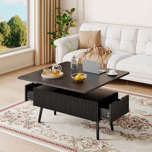 VERDALAY Lift-top Coffee Table with Lift Mechanism Wavy Wooden 15mm Thickness 2 Lifting Tabletop Rectangular Elevating Table with 2 Drawers for Living Room Home Computer Desk Work Desk Black
