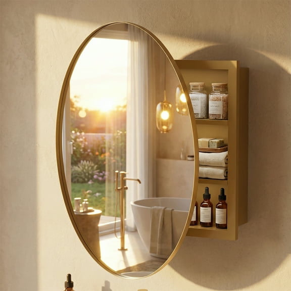 VERDALAY Round Bathroom Medicine Cabinet with Mirror, 23 Inch Gold Round Mirror Medicine Mabinet Wall Mounted with Iron Frame Framed, Surface Mount Medicine Cabinet with Storage