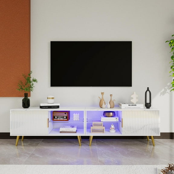 VERDALAY TV Cabinet with LED Lights Layered Open Shelf TV Stand for Living Room Bedroom Home Wooden Media Console Table TV Cabinet, White