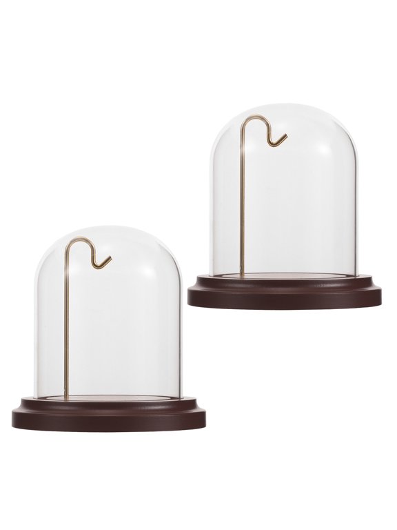 2Pcs Transparent Glass Dome Display Cases with Wood Base and Hook for Pocket Watch Showcase Dust Protection