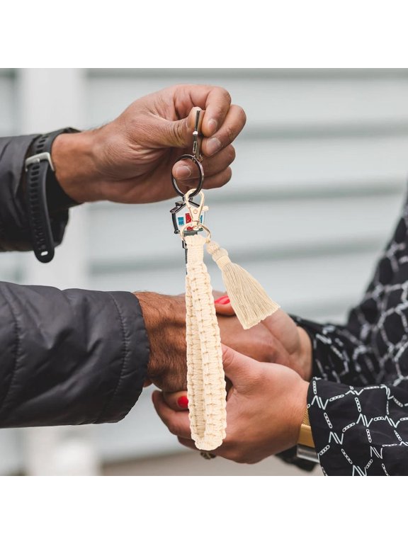 Beige Macrame Tassel Keychain, Elegant Bohemian Style, Durable Cotton Rope and Zinc Alloy