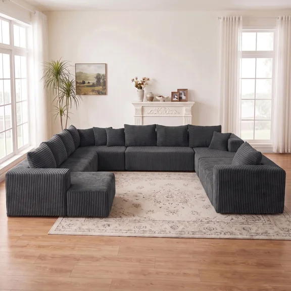 VERDECORE 151" U-Shaped 8-10 Seater Boneless Modular Sectional Sofa, Plush Corduroy Fabric, Dark Grey No Assembly for Living Room