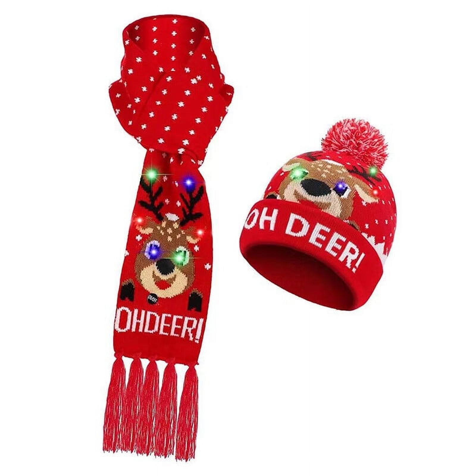 VERMON 1 Set Hat Scarf Set LED Christmas Cap Snowflake Santa Elk Christmas Tree Print Bright 