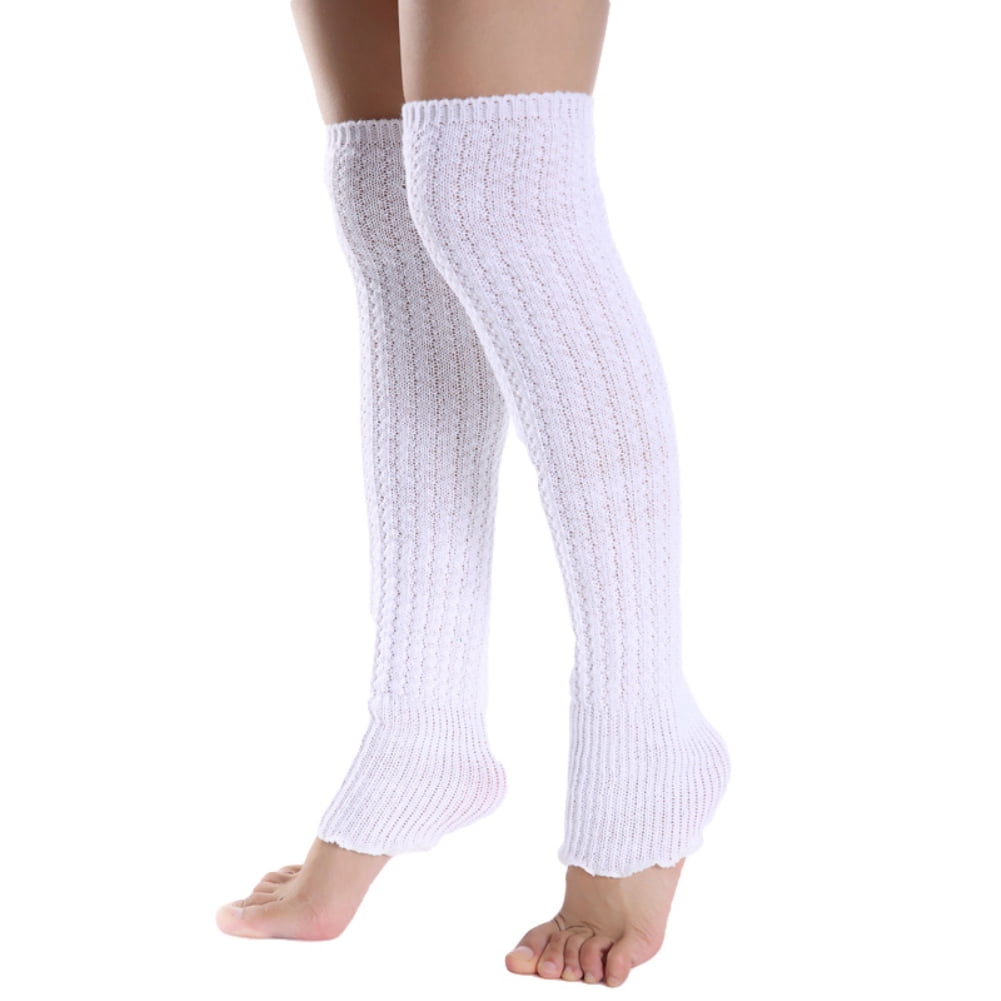 4 pairs Women's Cotton Knee High Socks, Casual Solid Knit Knee Socks (white)