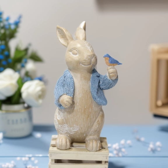 VERNIDO Easter Bunny Figurine, Choose One from 7 Styles (Blue Pink Brown White Sitting or Pink Brown White Standing), Resin Woven Wicker Rabbit with White Ribbon Bow, Spring Tabletop Decor