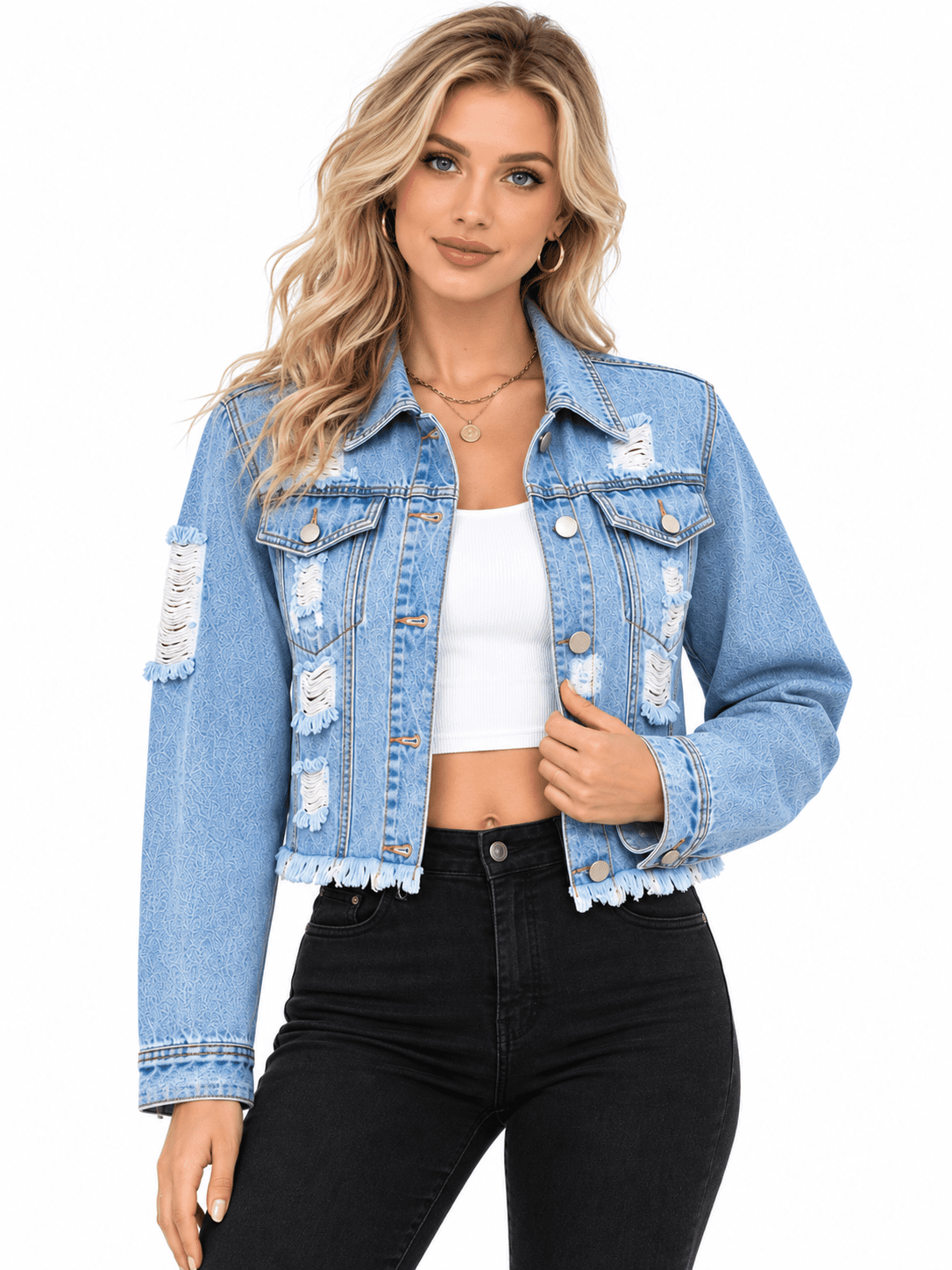 VERNOLA Women's Ripped Cropped Denim Jacket Casual Distressed Frayed ...