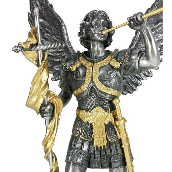 VERONESE 13" Saint Gabriel Archangel Statue W/Trumpet and Cross Pewter & Gold Finish Angel
