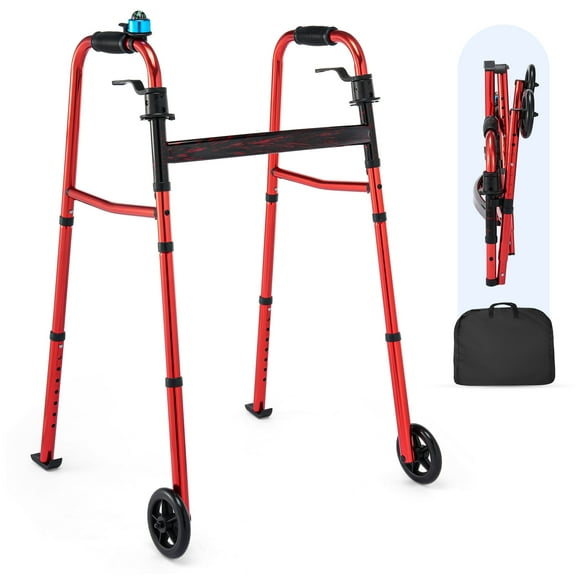 Verpal Compact Foldig Walker with 5" Wheels, Adjustable Lightweight Mobility Aids Walker for Seniors, 350lb Weight Capacity, Red