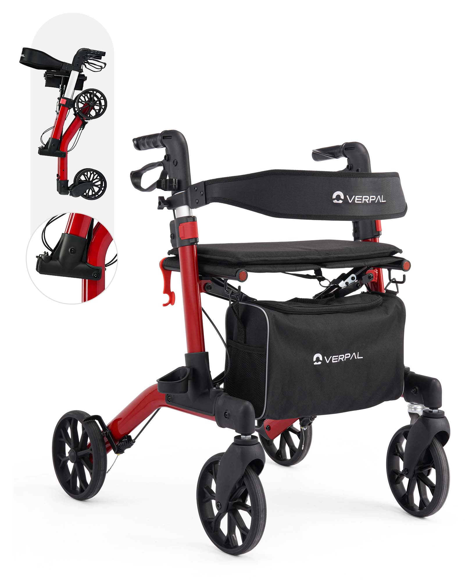 VERPAL Mobility Walker for Seniors, Lightweight Folding Rolling Walker with Seat and Backrest for Seniors and Adult, Red