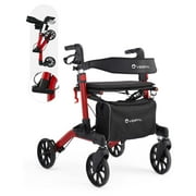VERPAL Mobility Rollator Walker with Seat and Backrest for Seniors，Foldable and Adjustable Height Rolling Walker for Adults, 350 lbs Weight Capacity, Red