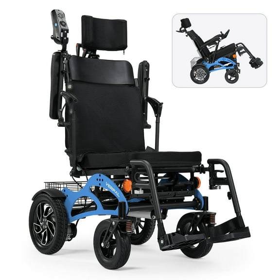VERPAL Reclining Foldable Lightweight Electric Wheelchairs for Adults, Airline Approved Mobility Power Wheelchair for Seniors, 500W Motor, 400 lbs, 15 miles, Blue