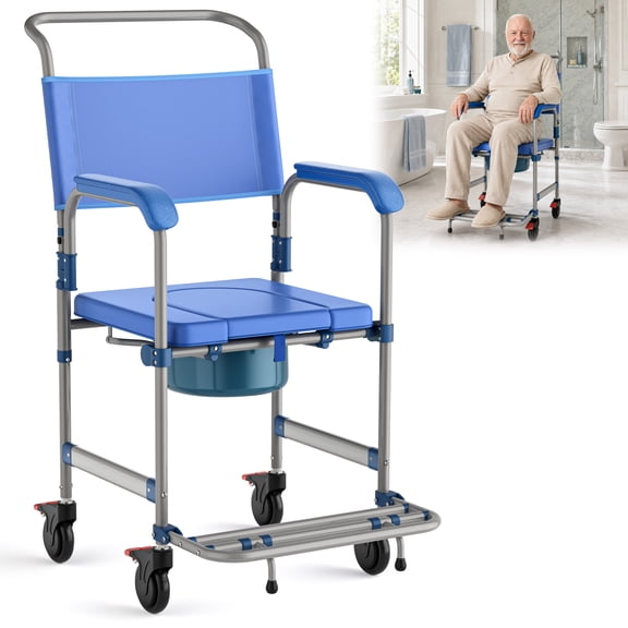 VERPAL Rolling Shower Chair with Wheels, Bedside Commode, Portable Toilet for Elderly Adults, 330lbs Capacity