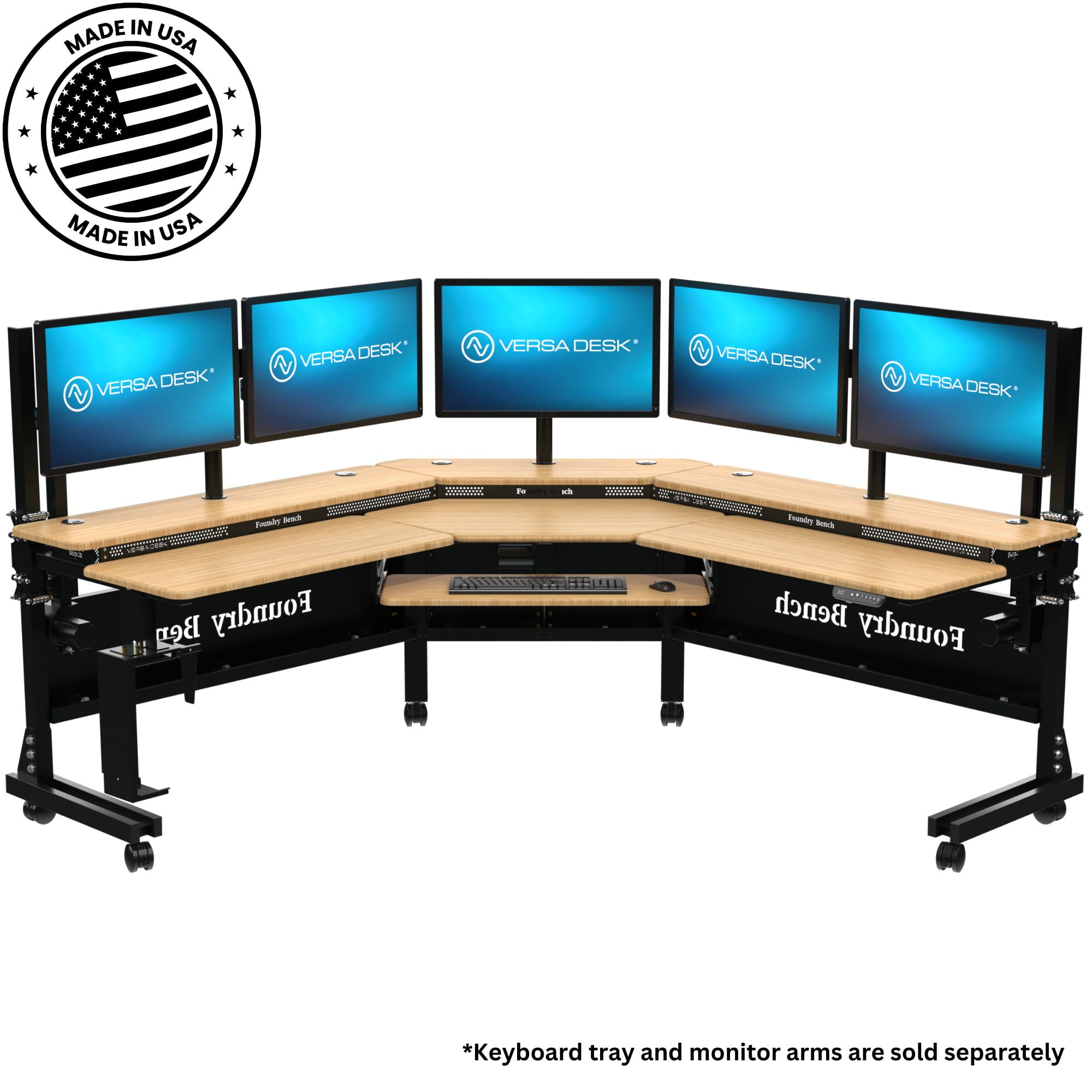 80" x 80" Bamboo and Black Adjustable L-Shaped Corner Desk with USB Ports