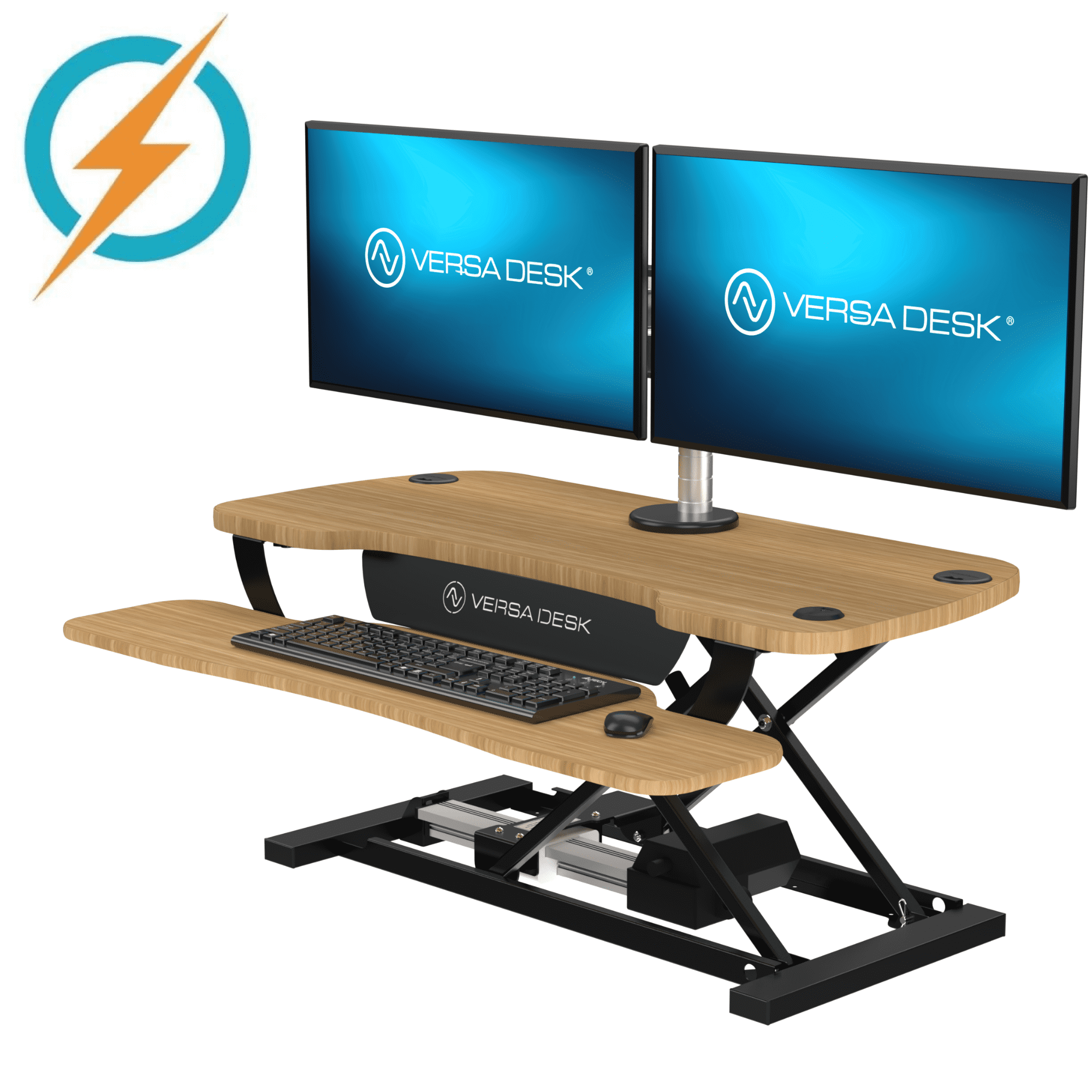 VersaDesk 36 x24 PowerPro Electric Height Adjustable Standing Desk Converter for Multi Monitors Laptop Workstation Black w Bamboo Wood Top w