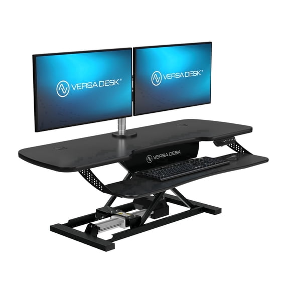VersaDesk PowerPro Elite Electric Standing Desk Converter, MDF & Steel, App Controlled,LED Keyboard Tray, Supports 80 lbs, Adult, | Black, ( 48 x 24 )