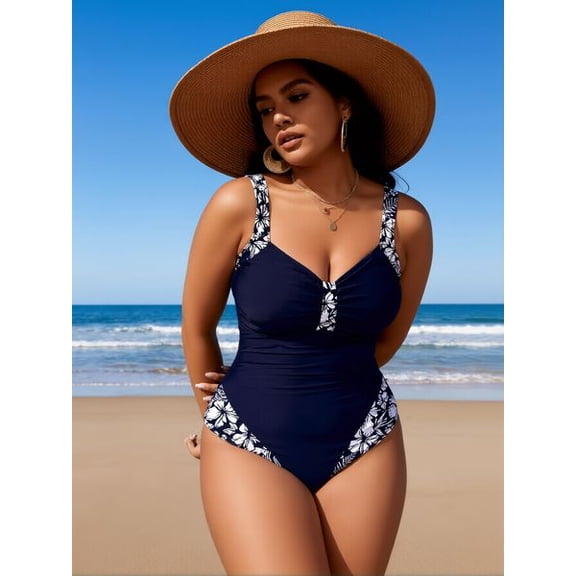 VERTEX&KAIBIN 2026 New Plus Size One-Piece Swimsuit: Navy Blue, White Floral Trim, Ruched Bust, Tummy Control, Beach Vacation Style