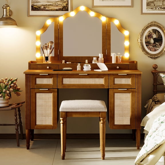 VERTEX&KAIBIN 44.37 " Makeup Vanity Desk with 13 Hollywood Bulbs and 3 Lighting Modes, Dressing Table with Tri-Fold Mirror Large Vanity Table with 5 Drawers and Shelves