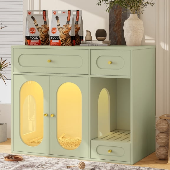VERTEX&KAIBIN Cat Litter Box Enclosure with LED Light, Hidden Litter Box Furniture with Storage Drawers,Fit Most of Litter Box, Indoor Pet House with Acrylic Doors, End Table for Living Room, Green