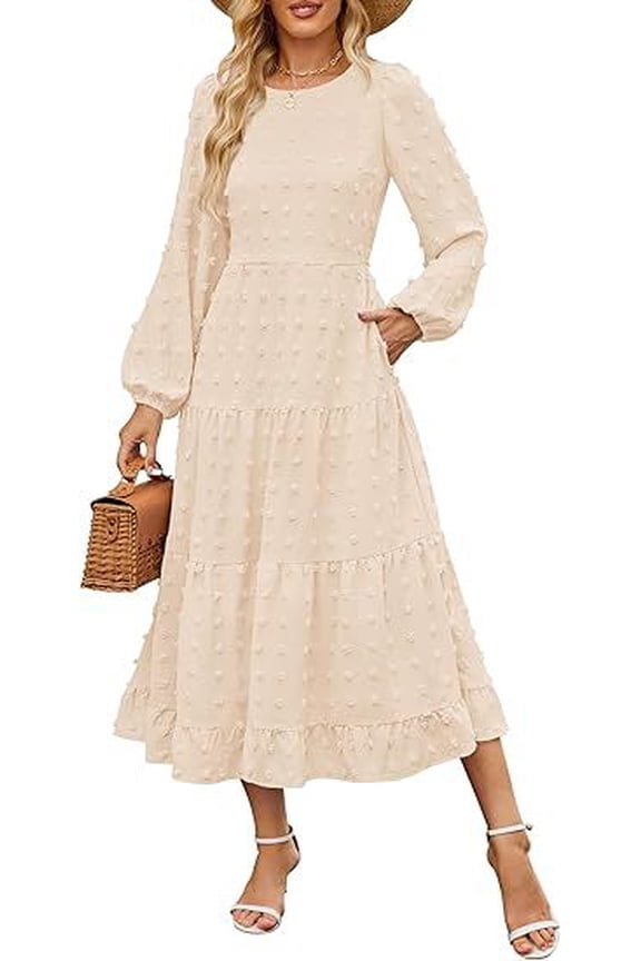 Fall Long Sleeve High-Waisted A-Line Gown for Women - Swiss Dot Flowy Tiered Dress with Flounce Sleeves