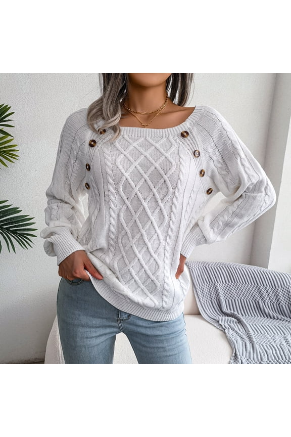 Fall Winter Women's Square Neck Cable Knit Pullover - Diamond Pattern Sweater with Button Accents, Euro-Insta Vibe & Edgy Street Style