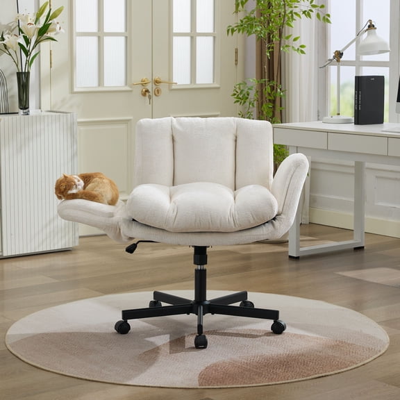 VERTEX&KAIBIN Modern Chenille Swivel Office Chair, Height Adjustable Task Chair with Convertible Multi-Position Armrests,Comfy Double Cushioned Desk Chair for Home,Cream / Beige