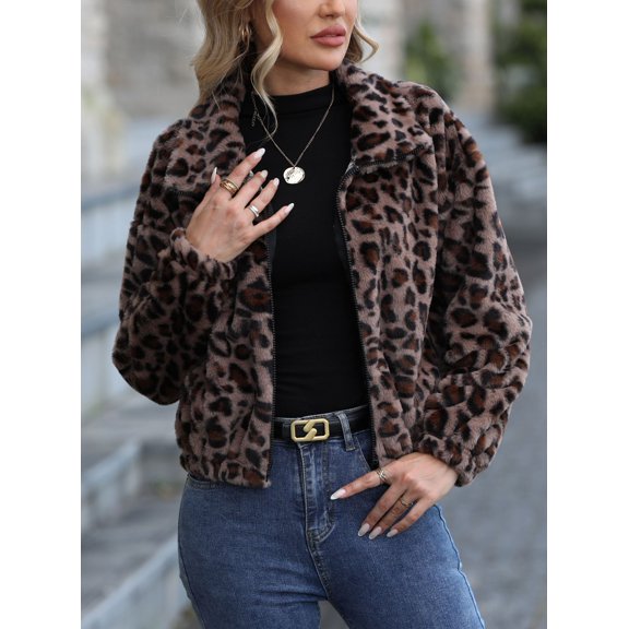 VERTEX&KAIBIN Oversized Leopard Print Fleece Jacket for Women