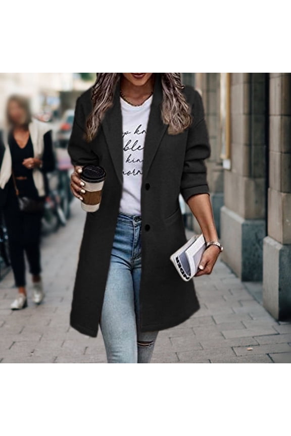 Plus Size Longline Polyester Double Breasted Blazer Suit Collar Coat for Women