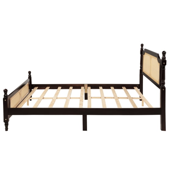 VERTEX&KAIBIN Queen Pine wooden Bed with Rattan Headboard and Footboard, with Central Enhanced Bed Platform ,Espresso