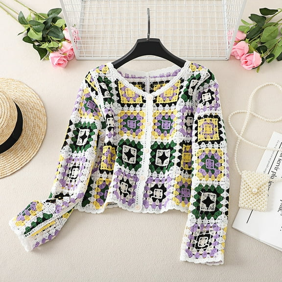 VERTEX&KAIBIN Retro Crochet V-Neck Knit Cardigan for Women - Lightweight Summer Loose Long Sleeve Sun Protection Top