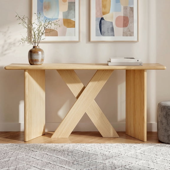 VERTEX&KAIBIN  60.25" Minimalist Modern XFrame Console Table, Angled XShaped Legs, Rounded Tabletop Edges, Wood Veneer, Natural Wood Grain, Entryway Sofa Table for Living Room Hallway